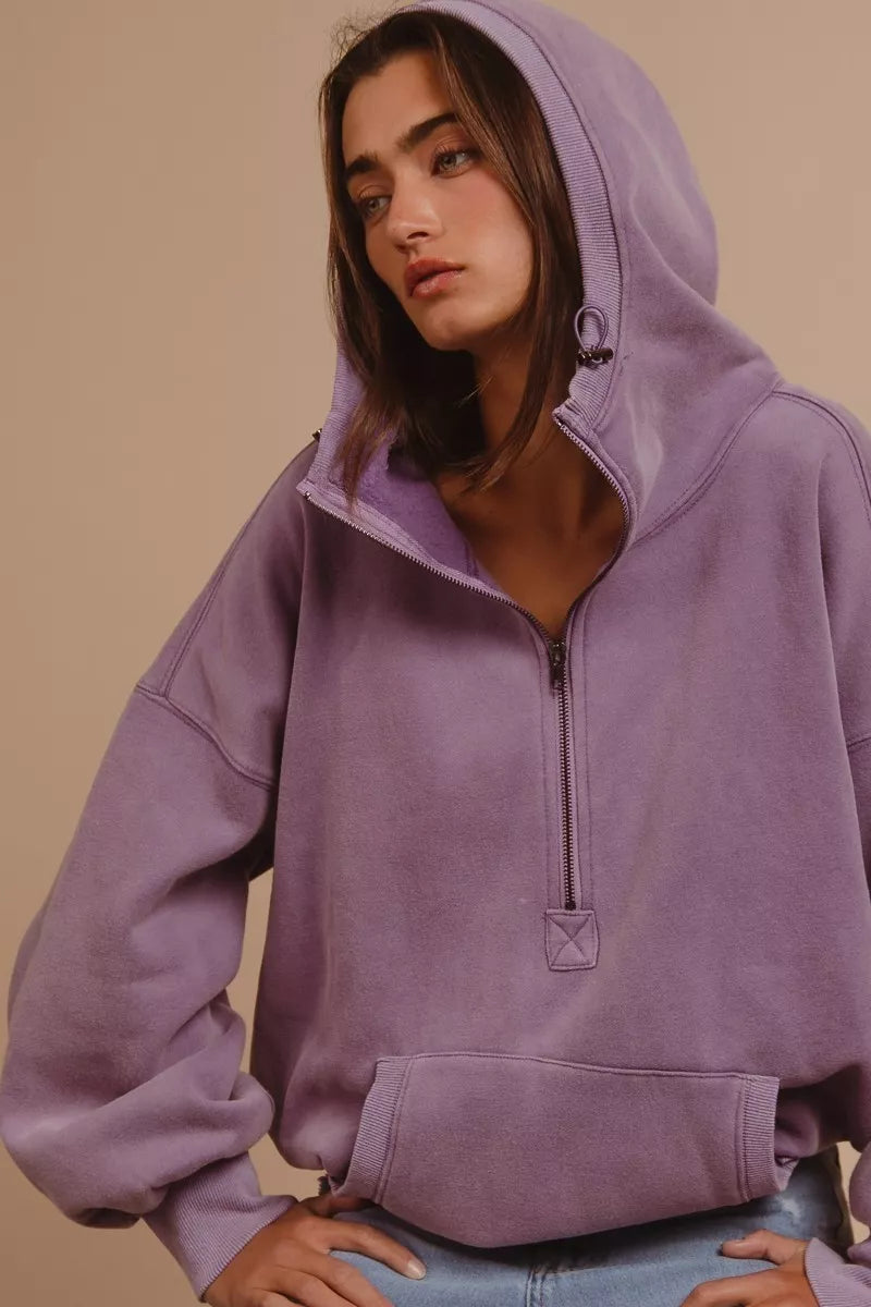 BiBi Stitch Detailed Elastic Hem Half Zip Fleece Hoodie