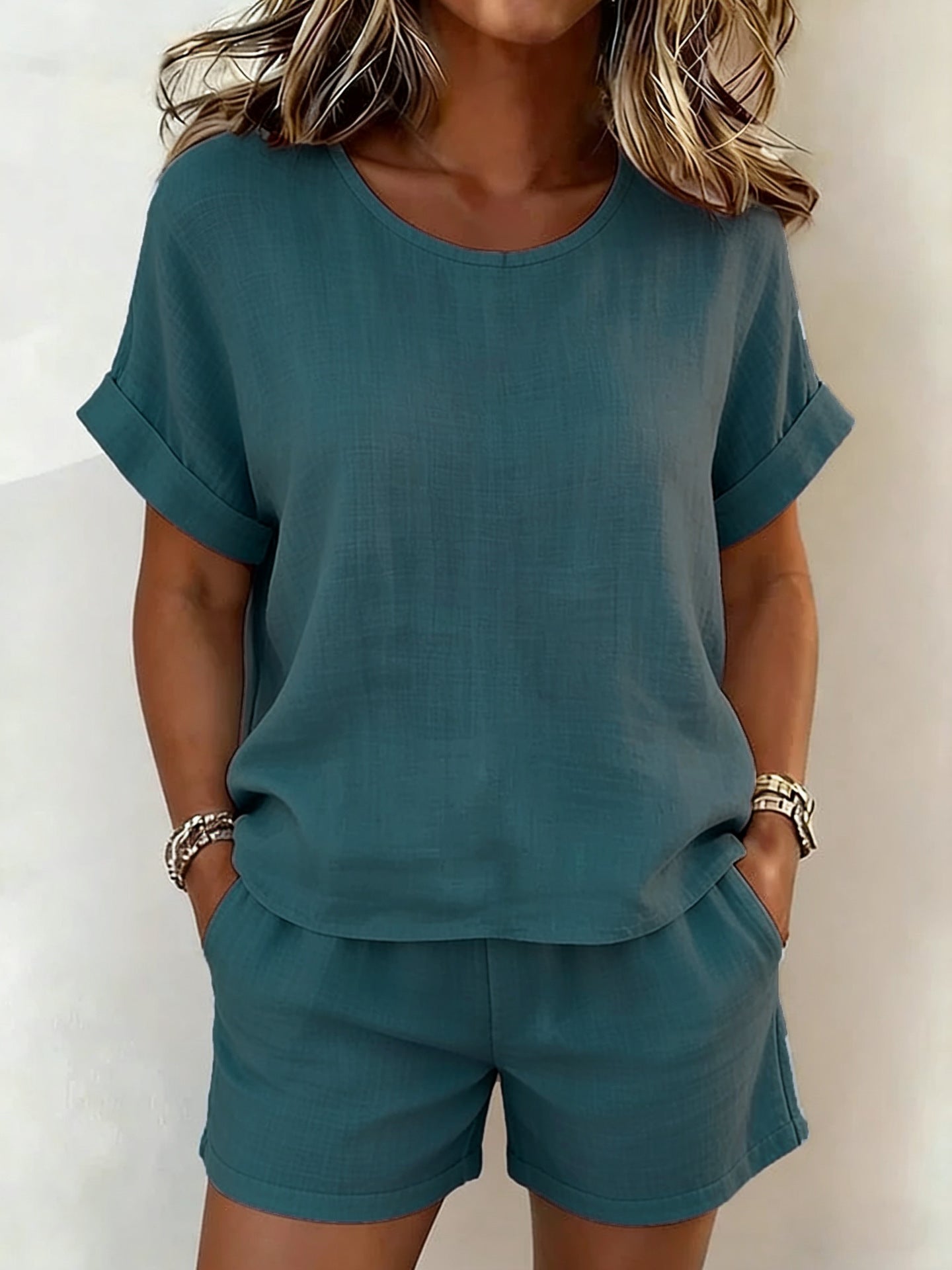 Solid-Color Linen & Shorts Set