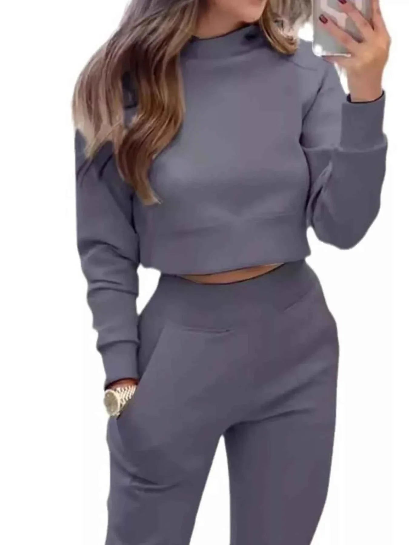 Casual Chic Cropped Sweatshirt and Jogger Set