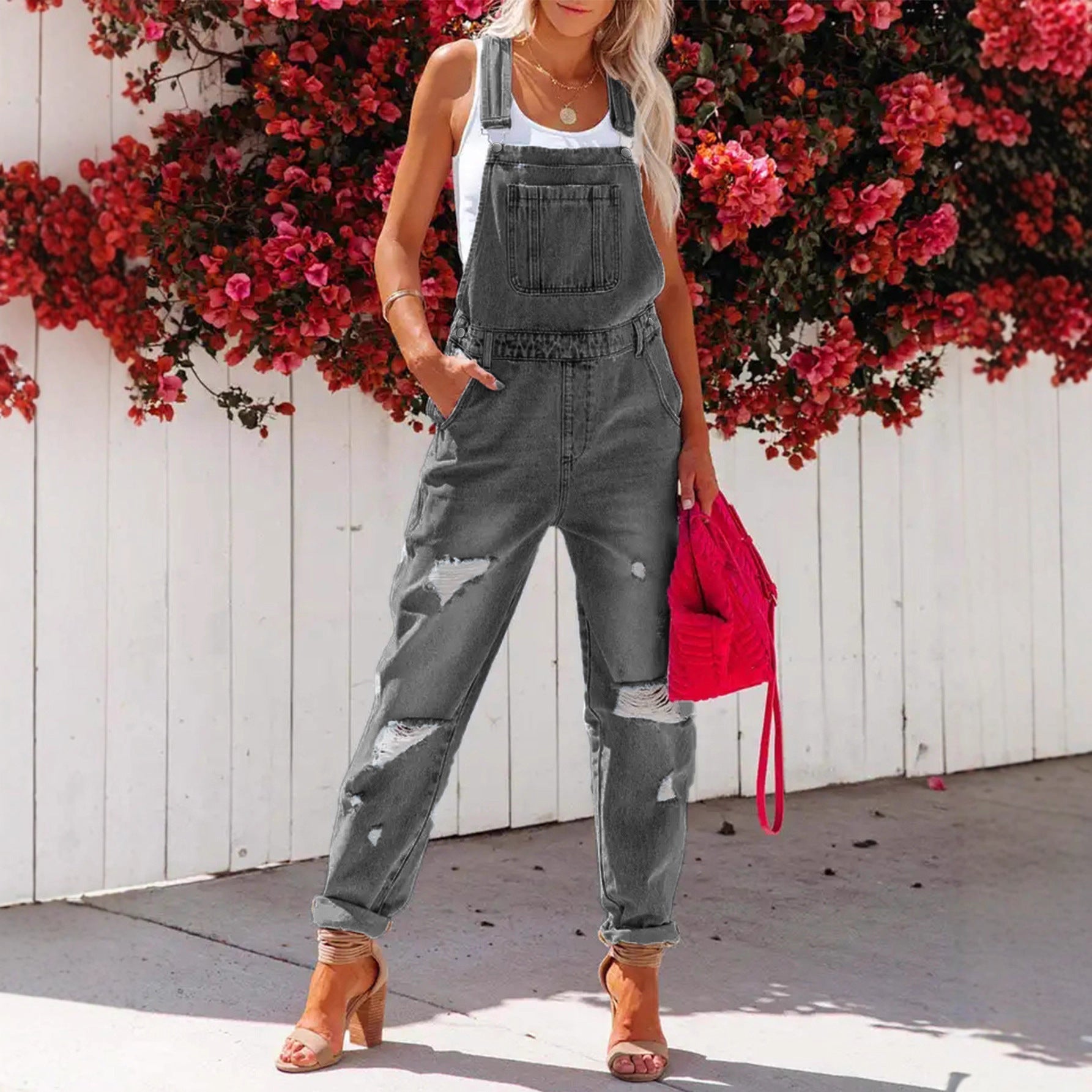 Women's Cropped Ripped Denim Overalls