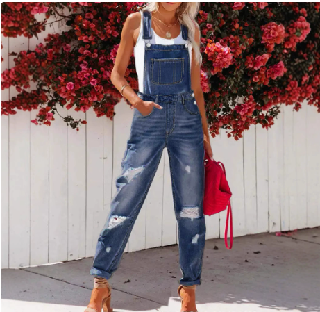 Women's Cropped Ripped Denim Overalls