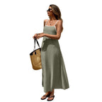 Off-the-shoulder backless solid color suspender strap-up long dress