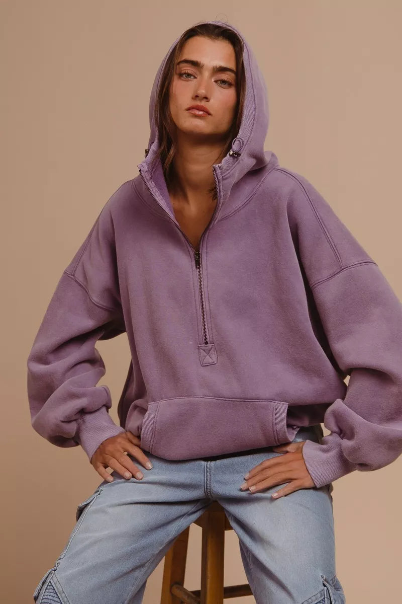 BiBi Stitch Detailed Elastic Hem Half Zip Fleece Hoodie