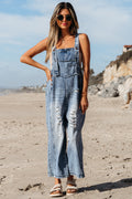 Baylor Distressed Bib Pocket Wide Leg Denim Overall