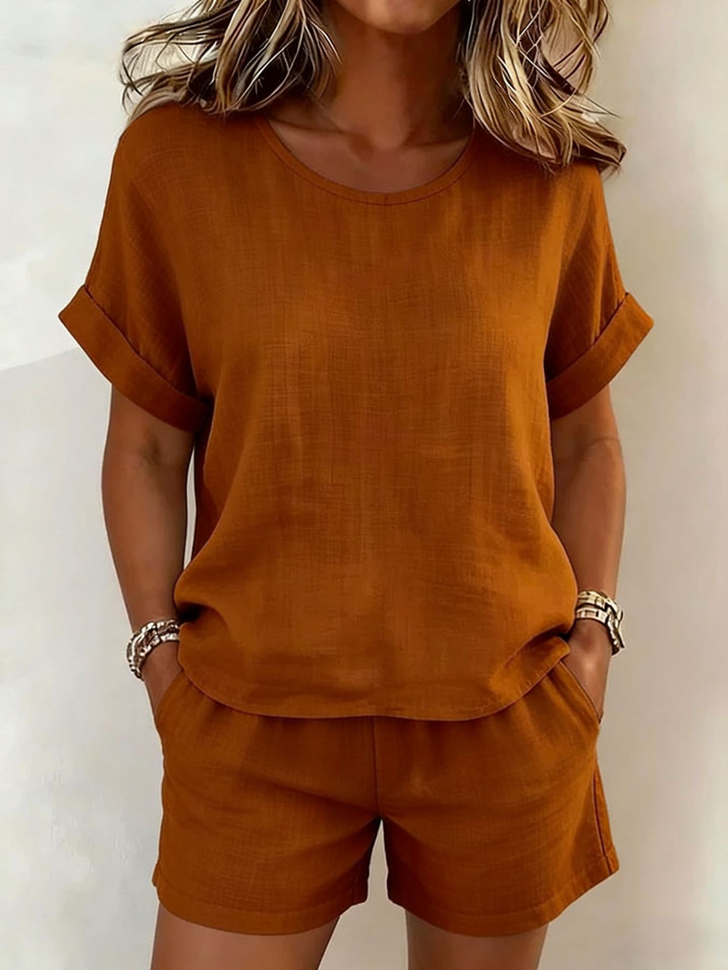 Solid-Color Linen & Shorts Set