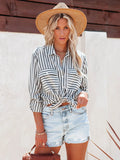Striped Long Sleeve Shirt - Linen Cotton Button Down Blouse for Women